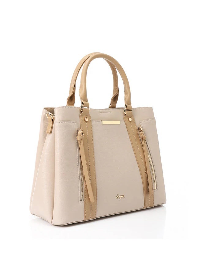 DejaVu Chic Tote Bag With Zipper Closure Handbag - Beige - Image 3