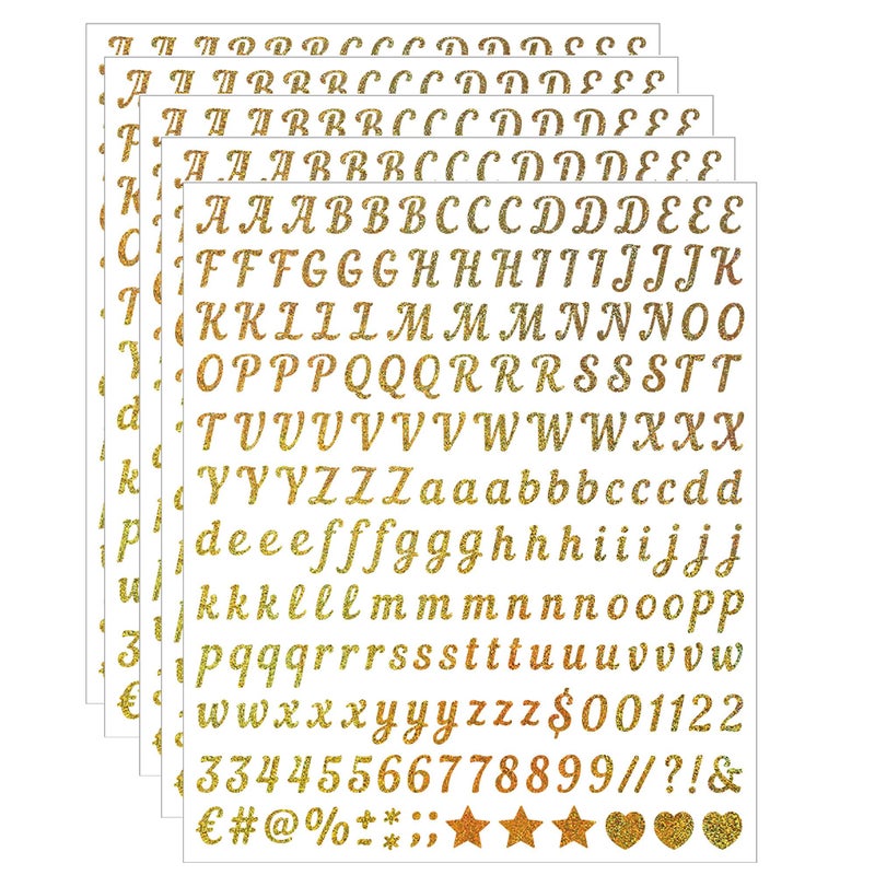 SACDRL 5 Sheets Craft Letter Stickers, 1000 PCS Glitter Script Alphabet A-Z Vinyl Self Adhesive for Gift Wrapping, Party Cards, Wedding Invitations, Scrapbook, Journals, DIY Home Decorï¼ˆGold ï¼‰ - Image 1