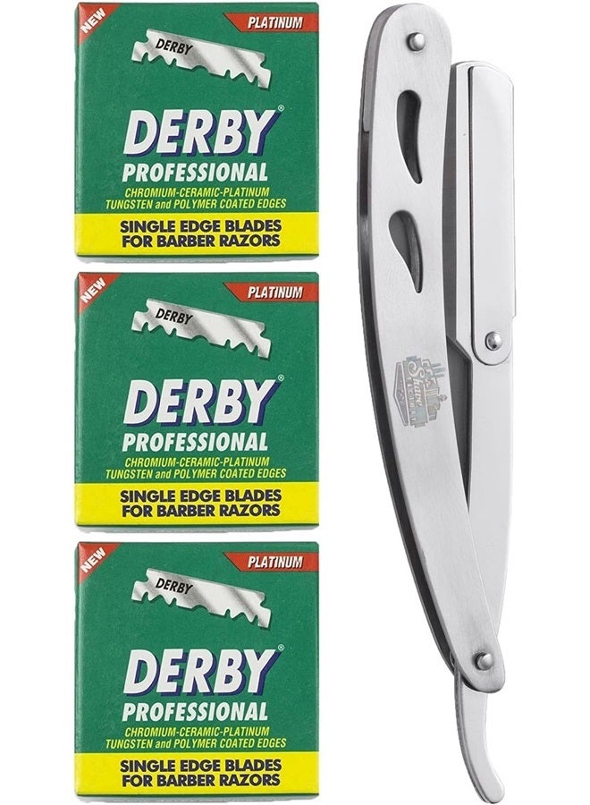 The Shave Factory Straight Edge Razor Kit - Straight Edge Razor with Single Edge Razor, Straight Razor, Straight Razors for Men (Steel Razor / 300 Derby Professional Single Edge Razor Blades) - Image 1
