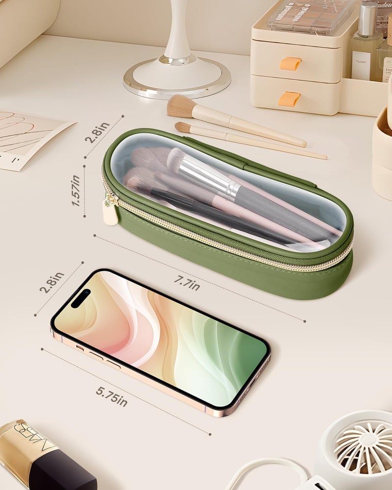 Soimeat Clear Travel Makeup Brush Holder, Leather Makeup Brush Toiletry Bag, Green, Small, Clear Travel Makeup Brush Bag - Image 3