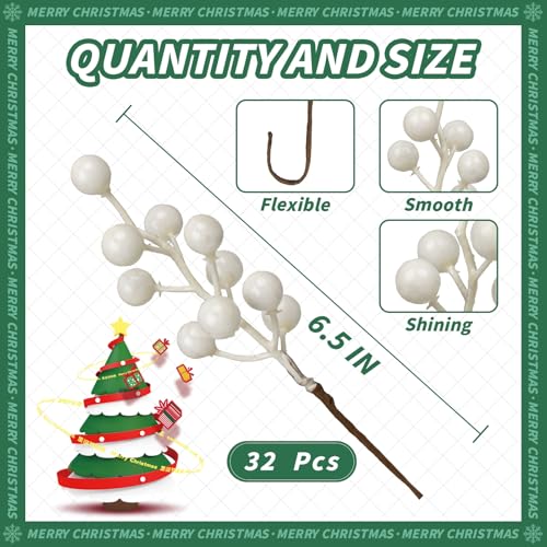 LLZLL 32 Pack Christmas Picks Artificial Christmas Tree Berries 6.5 Inch Holly Berry Stems for Winter Xmas Holiday DIY Ornaments（White） - Image 2