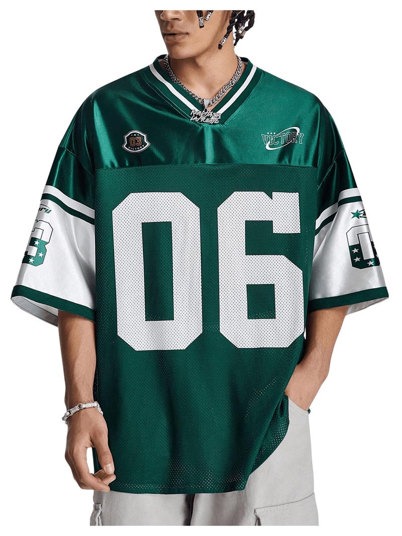 Verdusa Mens Jersey Oversized Graphic Tee V Neck Short Shoulder Casual T Shirts Green XLarge - Image 2