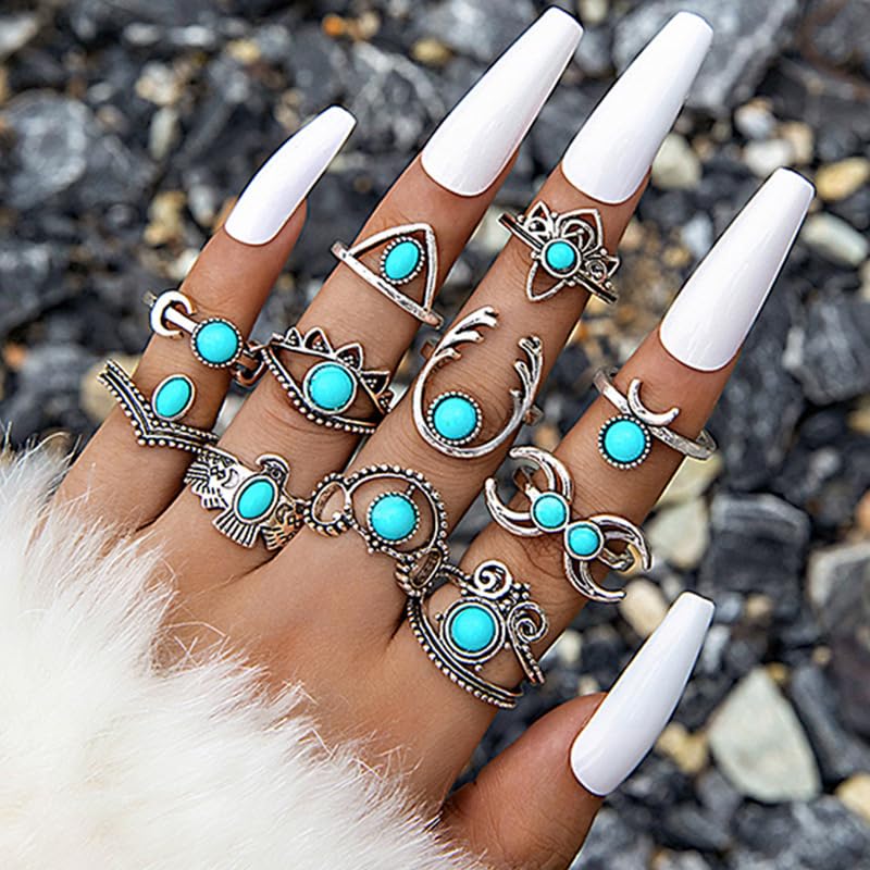 KOSMOS-LI 46PCS Silver Bohemian Jewelry Sets With 6pcs Turquoise Necklace,12 pairs Dangle Earrings, 7pcs Stackable Bangle Bracelets, 21pcs Knuckle Rings For Women Retro Western Boho Turquoise (NK28890sl) - Image 4