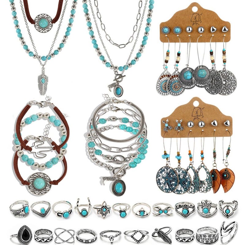 KOSMOS-LI 46PCS Silver Bohemian Jewelry Sets With 6pcs Turquoise Necklace,12 pairs Dangle Earrings, 7pcs Stackable Bangle Bracelets, 21pcs Knuckle Rings For Women Retro Western Boho Turquoise (NK28890sl) - Image 1