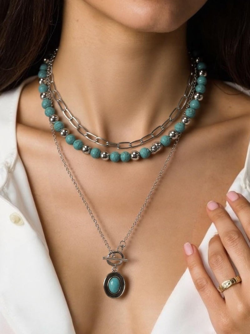 KOSMOS-LI 46PCS Silver Bohemian Jewelry Sets With 6pcs Turquoise Necklace,12 pairs Dangle Earrings, 7pcs Stackable Bangle Bracelets, 21pcs Knuckle Rings For Women Retro Western Boho Turquoise (NK28890sl) - Image 3