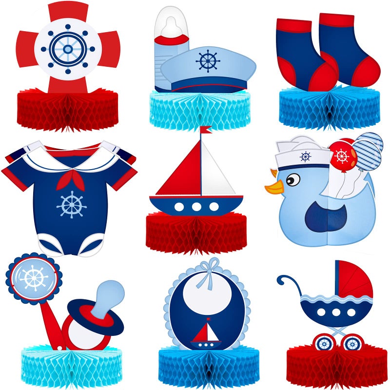 Leinuosen 9 Pcs Nautical Baby Shower Decorations Nautical Boy Honeycomb Centerpiece Table Topper Ahoy It's a Boy Baby Shower Party Supplies for Gender Reveal Newborn Party Decorations - Image 1