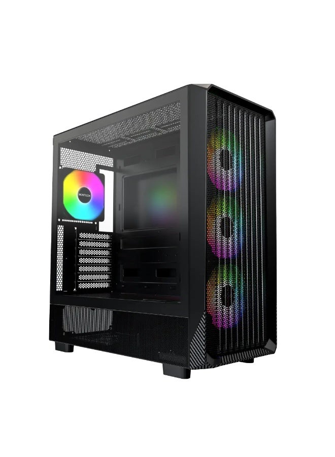 X5M Micro-ATX PC Case, mATX Support, 4*120mm Pre-Installed ARGB Fans, Tempered Glass Side Panel, 360mm Radiator Support (Front/Top), USB Type-C, GPU Holder, High-Airflow Carbon Front Panel | Black