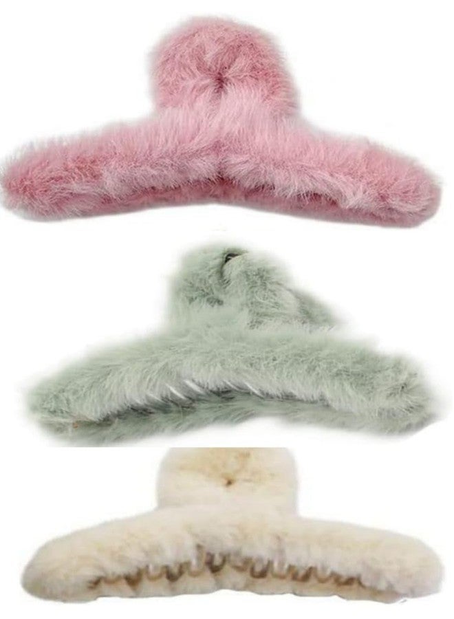FULLFILLS Soft Faux Fleece Fur Large Hair Clutcher, Clip,Claw,Clamp,Fluffy Pack of 3 PCS Multicolour (Random Color) - Image 1