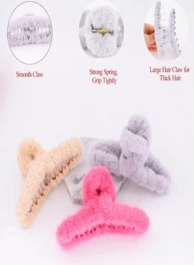 FULLFILLS Soft Faux Fleece Fur Large Hair Clutcher, Clip,Claw,Clamp,Fluffy Pack of 3 PCS Multicolour (Random Color) - Image 4