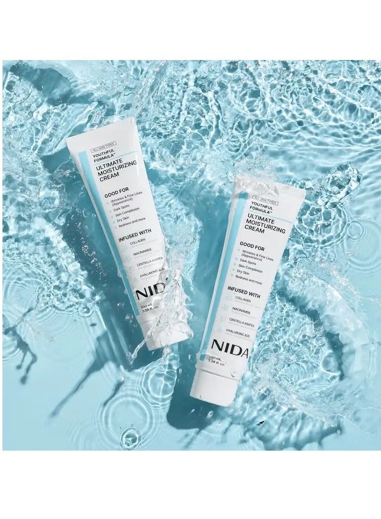 نيدا كريم الترطيب الفائق بتركيبة الشباب™ من عبوتين | سنتيلا أسياتيكا، نياسيناميد، حمض الهيالورونيك، كولاجين | التجاعيد، الخطوط الدقيقة، البقع الداكنة، جفاف البشرة، الاحمرار | 3.38 أونصة سائلة، 100 مل*2 - Image 1