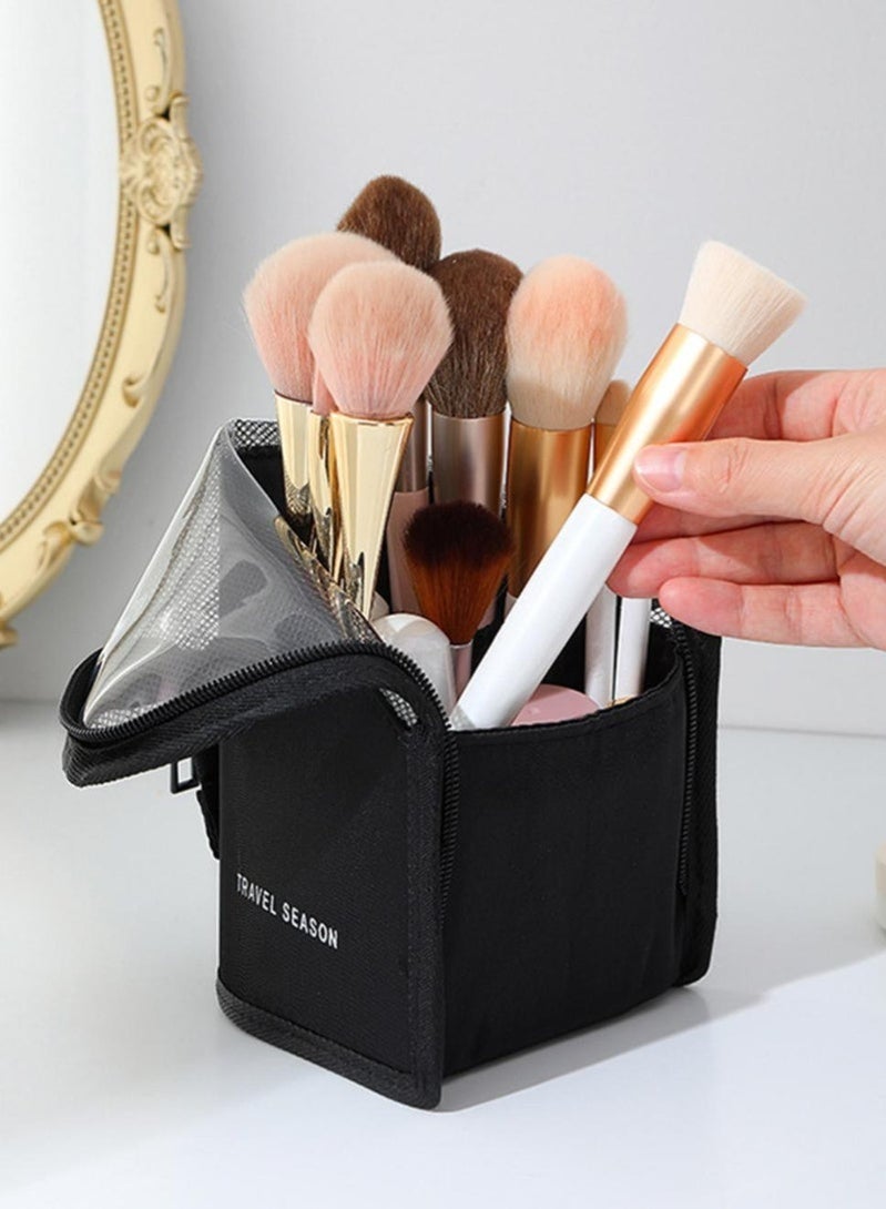 حامل فرش المكياج، حقيبة تنظيم فرش المكياج، حقيبة أدوات تجميل مقاومة للماء، حقيبة مكياج شبكية بسحاب، لون أسود - Image 5
