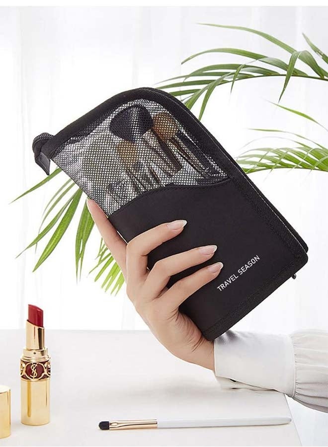 حامل فرش المكياج، حقيبة تنظيم فرش المكياج، حقيبة أدوات تجميل مقاومة للماء، حقيبة مكياج شبكية بسحاب، لون أسود - Image 2