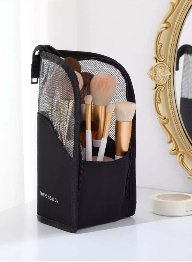 حامل فرش المكياج، حقيبة تنظيم فرش المكياج، حقيبة أدوات تجميل مقاومة للماء، حقيبة مكياج شبكية بسحاب، لون أسود - Image 1