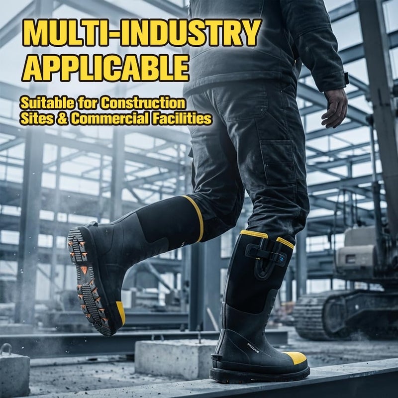 Trudave Rubber Work Boots for Men with Steel Toe & Shank, Waterproof Anti Slip Mud Rain Boots, 6mm Neoprene Warm Outdoor Hunting Boots, Durable Black Rubber Boot for Manufacturing, Construction, Size - Image 3