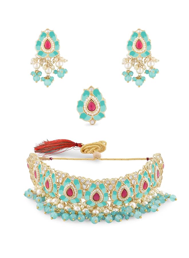 erorex Pink And Green Lotus Design Meenakari Choker Necklace Earring And Ring Set For Women Zpfk14755  - Image 1