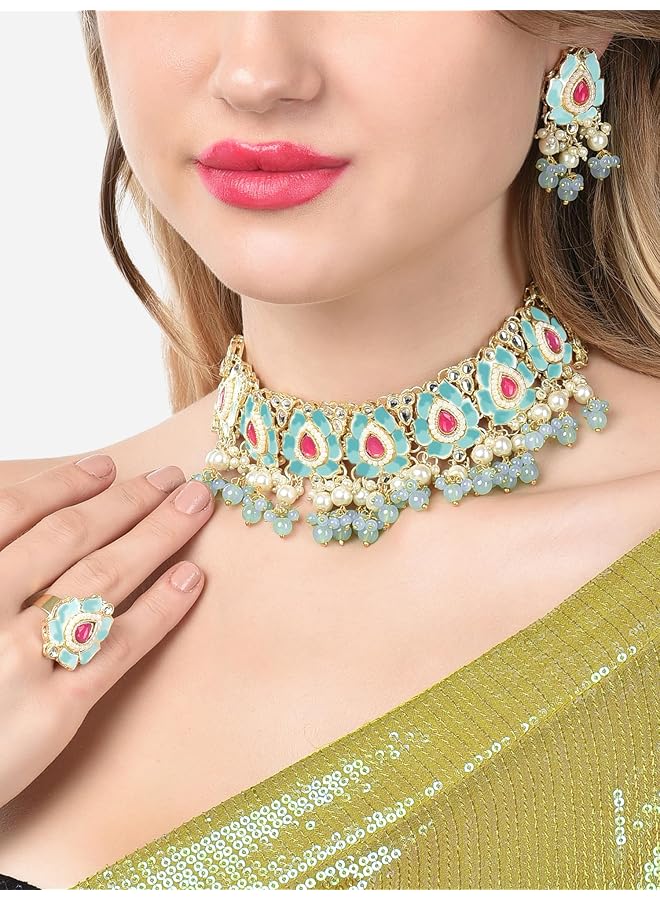 erorex Pink And Green Lotus Design Meenakari Choker Necklace Earring And Ring Set For Women Zpfk14755  - Image 2