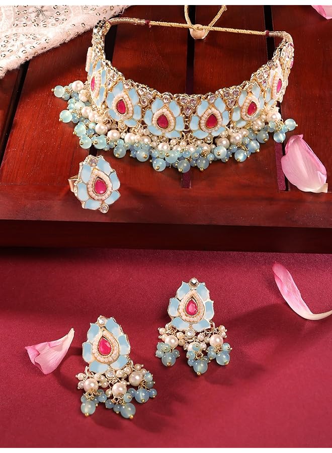 erorex Pink And Green Lotus Design Meenakari Choker Necklace Earring And Ring Set For Women Zpfk14755  - Image 3