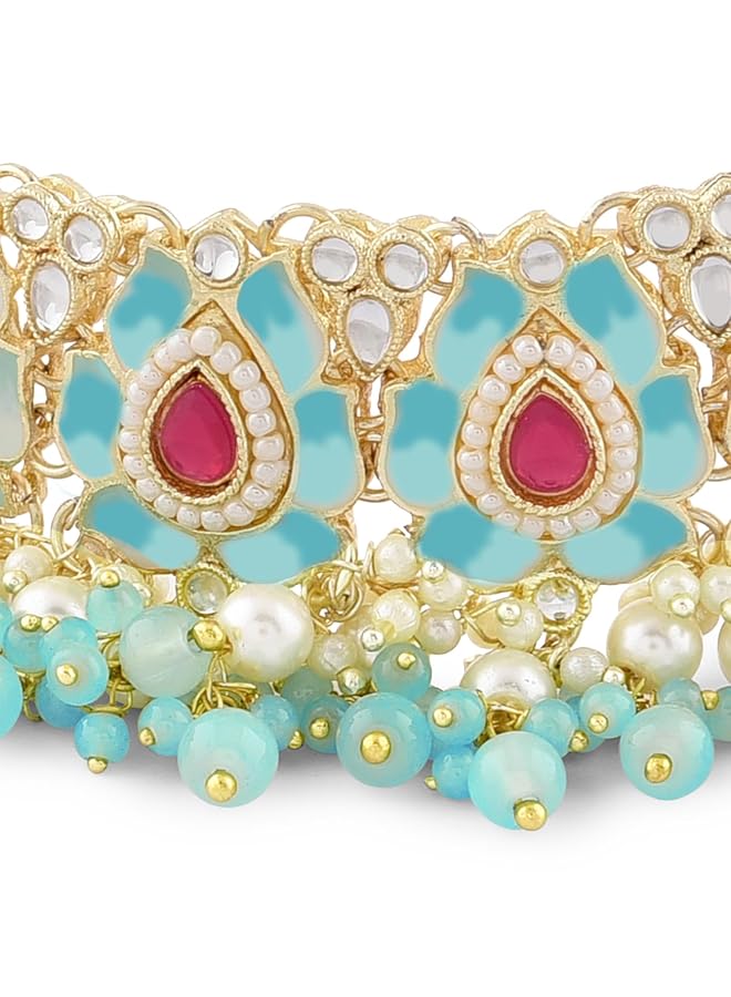 erorex Pink And Green Lotus Design Meenakari Choker Necklace Earring And Ring Set For Women Zpfk14755  - Image 4
