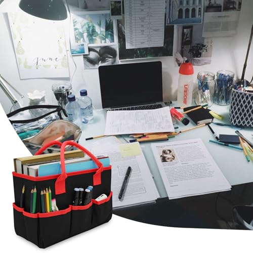 Cupohus Art Organizer Craft Storage Tote Bag with Pockets and Hadles, Oxford Fabric Carrying Caddy for Teacher, Officer, Artist, Students, Traveler, and more – Black with Red Edge - Image 5