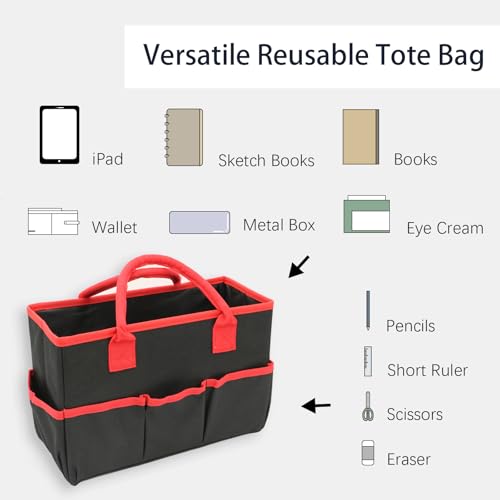 Cupohus Art Organizer Craft Storage Tote Bag with Pockets and Hadles, Oxford Fabric Carrying Caddy for Teacher, Officer, Artist, Students, Traveler, and more – Black with Red Edge - Image 2