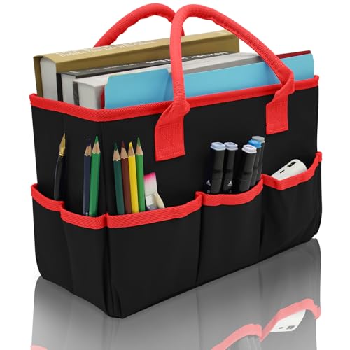Cupohus Art Organizer Craft Storage Tote Bag with Pockets and Hadles, Oxford Fabric Carrying Caddy for Teacher, Officer, Artist, Students, Traveler, and more – Black with Red Edge - Image 1
