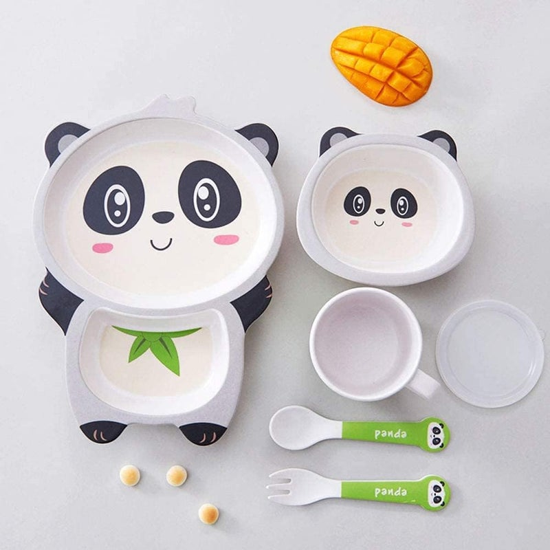 PEZYOX 5 Piece Mealtime Bamboo Dinnerware for Kids Toddler Plate and Bowl Set Eco Friendly and Dishwasher Safe Great Gift for Birthday Panda Model - Image 4