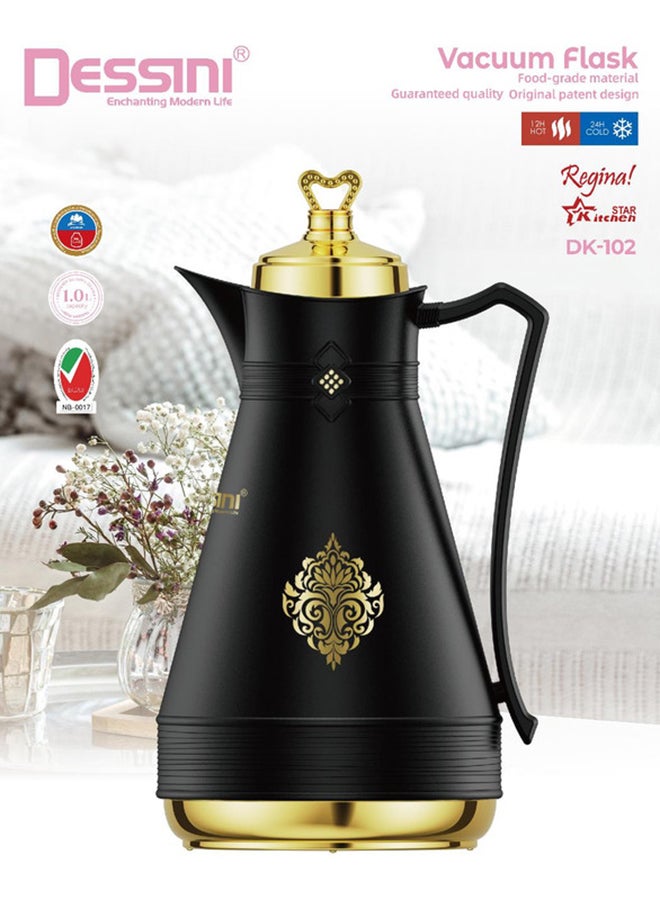 DESSINI ديسيني ترمس للشاي والقهوة سعة 1 لتر Dk102 أسود/ذهبي  - Image 1