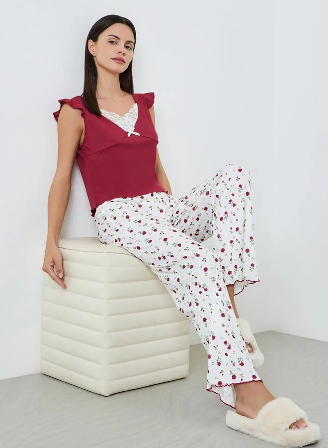 Styli Red Lace Neck Contrast Top and Printed Pyjama Set