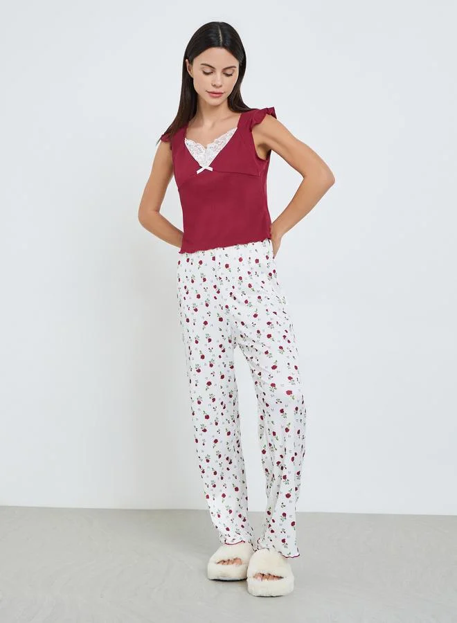 Styli Red Lace Neck Contrast Top and Printed Pyjama Set