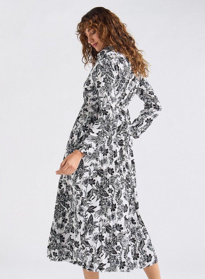 سبلاش فيڤ فستان قميص بأكمام طويلة وطيات وطبعات أزهار - Image 3