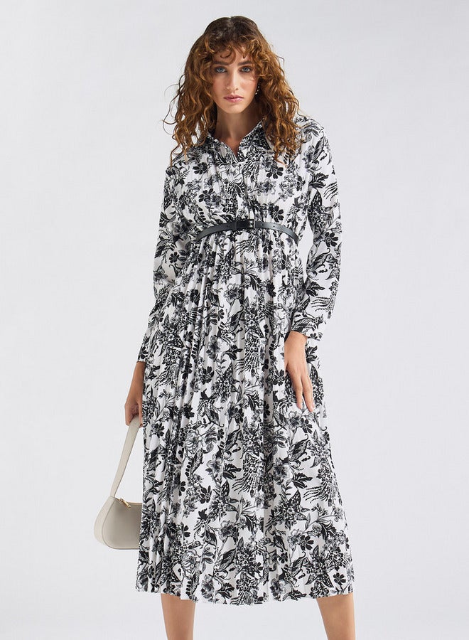 سبلاش فيڤ فستان قميص بأكمام طويلة وطيات وطبعات أزهار - Image 1