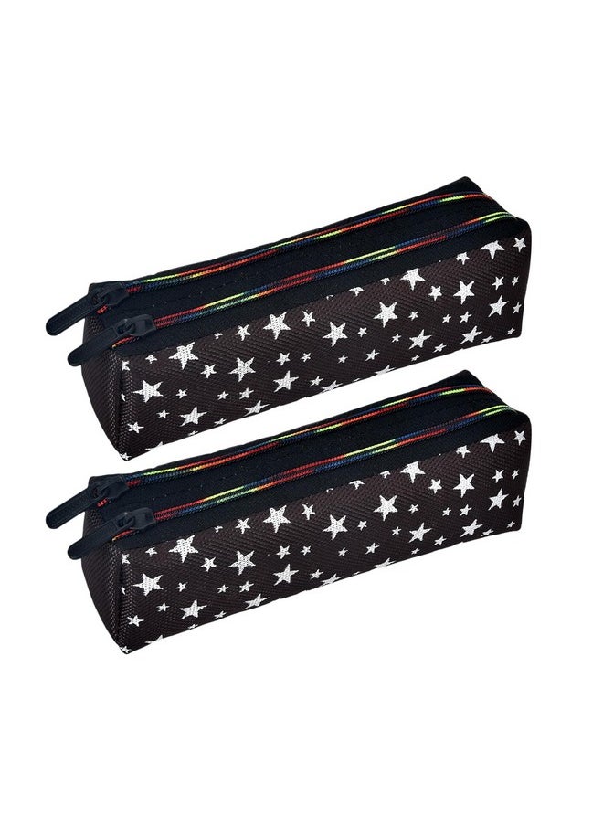 Kuber Industries Kuber Industries Pencil Pouch | Rexine Stationary Pouch | Pencil Utility Pouch | School Pencil Case for Kids | 2 Zipper Pencil Organizer | Star Pencil Pouch | Pack of 2 | Black  - Image 1