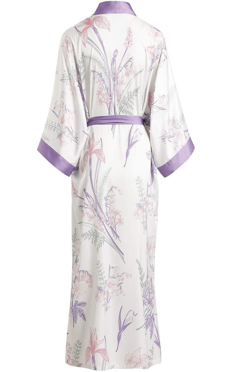 Aensso long soft silk y kimono robes for women,floral lightweight bridal wedding robe-With & Purple - Image 2