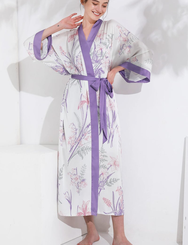 Aensso long soft silk y kimono robes for women,floral lightweight bridal wedding robe-With & Purple - Image 4