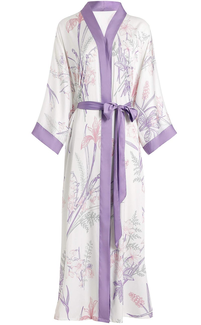 Aensso long soft silk y kimono robes for women,floral lightweight bridal wedding robe-With & Purple - Image 1