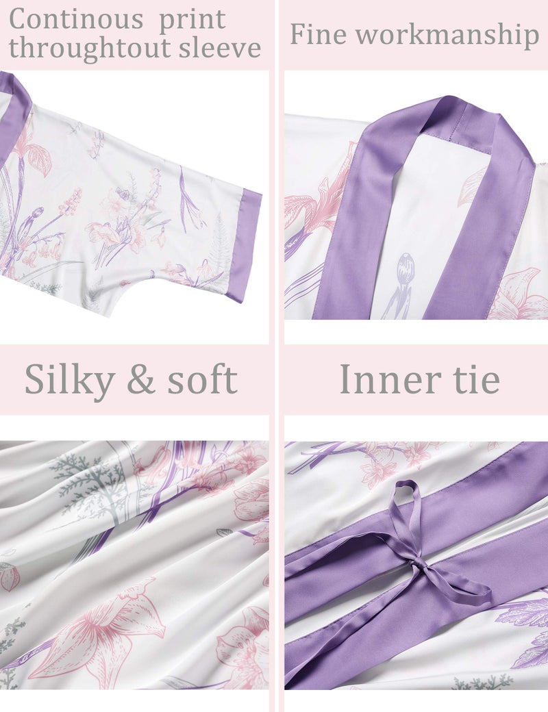 Aensso long soft silk y kimono robes for women,floral lightweight bridal wedding robe-With & Purple - Image 3