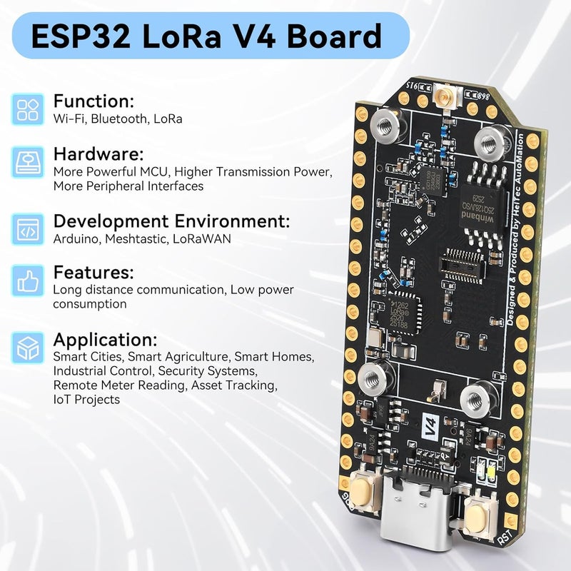 لوحة تطوير ESP32 LoRa V4 محدثة، تحتوي على وحدة LoRa ESP32-S3 SX1262، دعم للواي فاي والبلوتوث، ذاكرة PSRAM سعة 2 ميجابايت وذاكرة فلاش سعة 16 ميجابايت، تدعم نظام GPS والطاقة الشمسية، مناسبة لأجهزة Arduino وMeshtastic وتقنية LoRaWAN في مجال إنترنت الأشياء (IoT). - Image 2