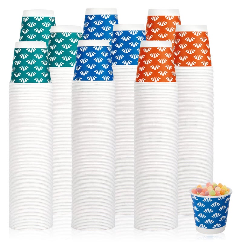 JollyPack 1200 Pack 3 oz Disposable Bathroom Paper Cups, Small Mouthwash Cups in Orange, Blue, and Green, Great for Candy, Biscuits, Bathroom Use, Parties, Picnics, and Travel - Image 1