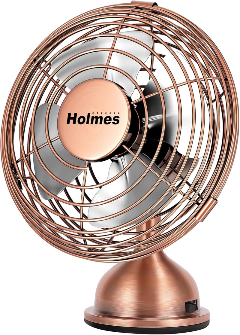 HOLMES 4 Mini Heritage Desk Fan USBPowered Single Speed 4 Blades Adjustable 100 Head Tilt Metal Construction Ideal for Home Dorm Rooms Bedrooms Office or Travel Vintage Brushed Copper - Image 1