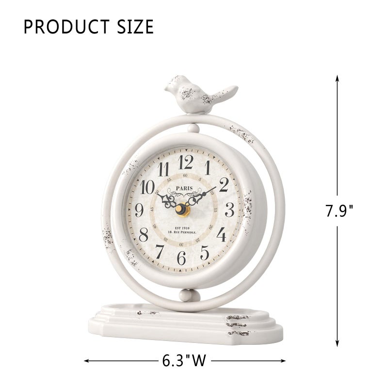 ChimeTide White Vintage Table Clock with Bird, European Retro Style Mantel Clocks, Desk and Shelf Decor Clock, for Living Room, Farmhouse, Bedside, Bedroom, Gift (7.9" H x 6.3" W) - Image 2