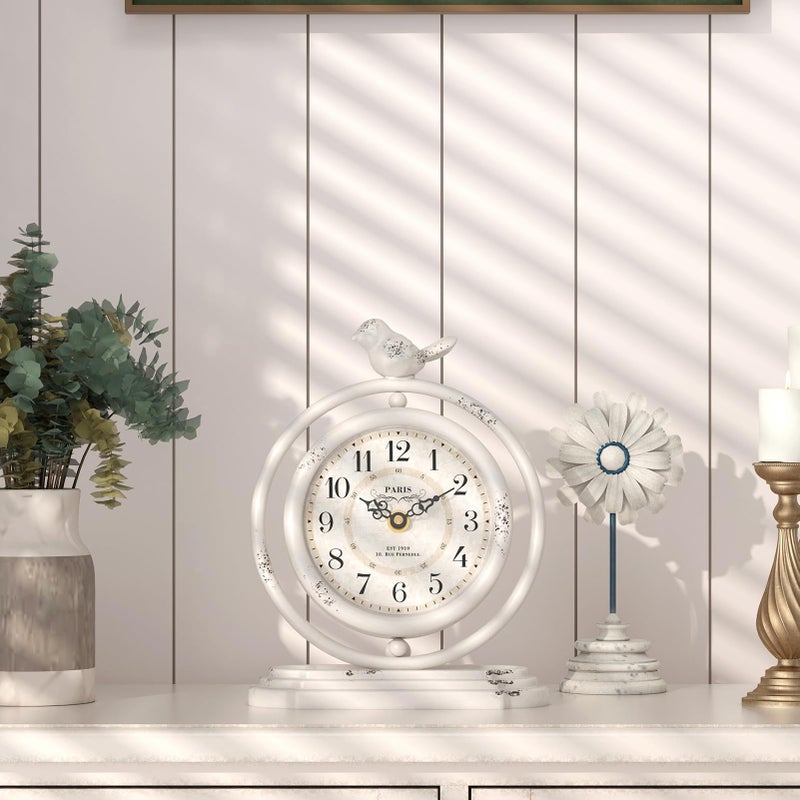 ChimeTide White Vintage Table Clock with Bird, European Retro Style Mantel Clocks, Desk and Shelf Decor Clock, for Living Room, Farmhouse, Bedside, Bedroom, Gift (7.9" H x 6.3" W) - Image 4
