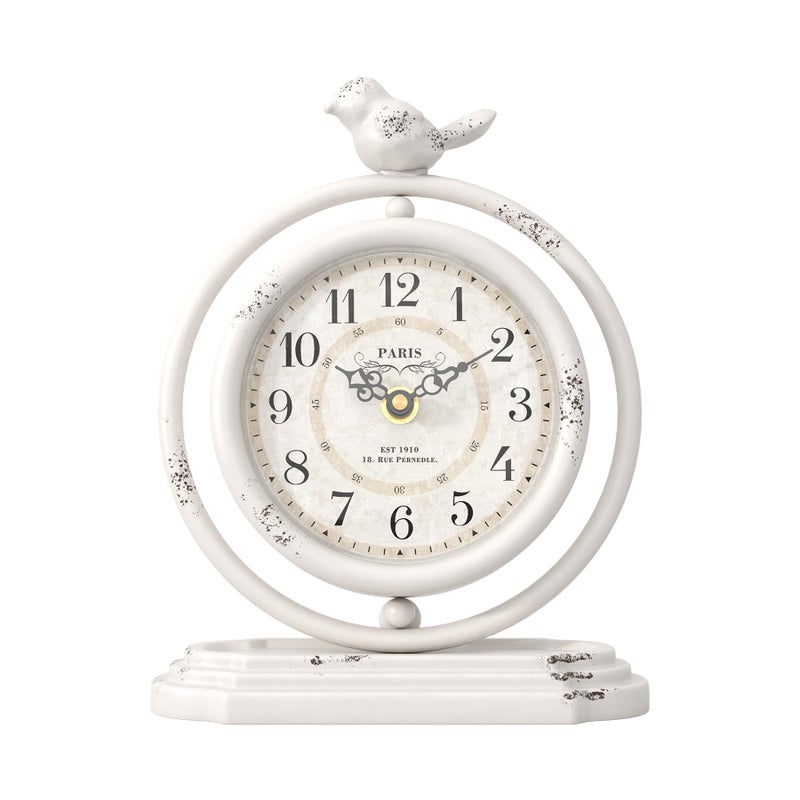 ChimeTide White Vintage Table Clock with Bird, European Retro Style Mantel Clocks, Desk and Shelf Decor Clock, for Living Room, Farmhouse, Bedside, Bedroom, Gift (7.9" H x 6.3" W) - Image 1