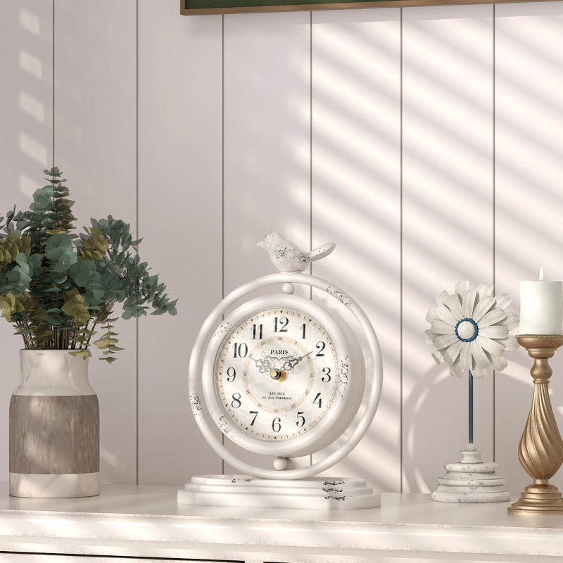 ChimeTide White Vintage Table Clock with Bird, European Retro Style Mantel Clocks, Desk and Shelf Decor Clock, for Living Room, Farmhouse, Bedside, Bedroom, Gift (7.9" H x 6.3" W) - Image 3