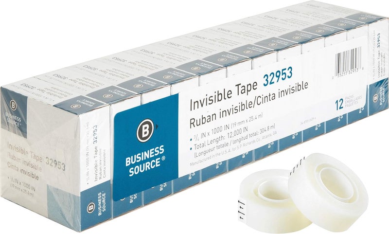 Business Source Invisible Tape, 3/4" x 1000", 12 Pack - Clear Transparent Tape - Image 1