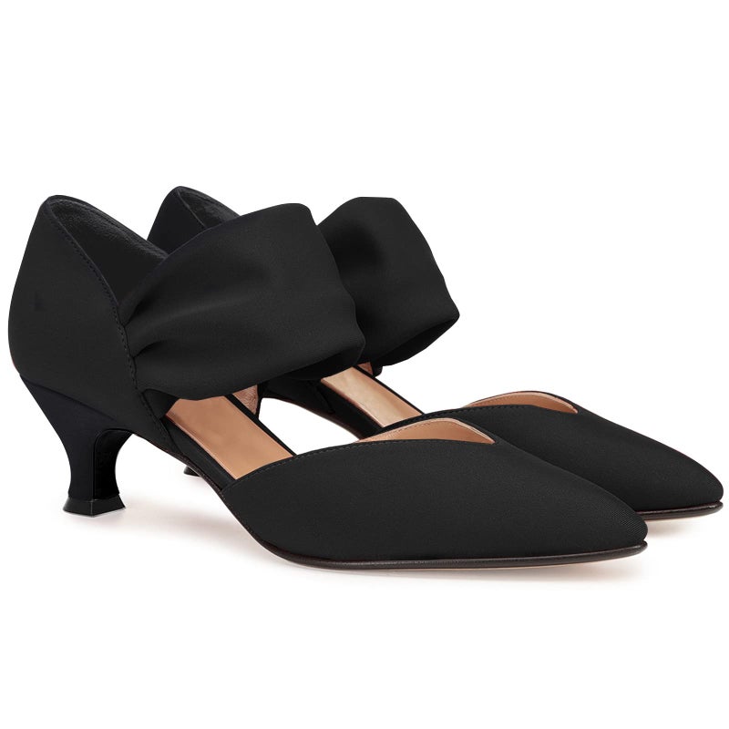 Coutgo Womens Low Kitten Heel Dress Shoes Pointed Toe Slip on Ankle Strap Cutout Elegant Party Wedding Pumps Black Size 7