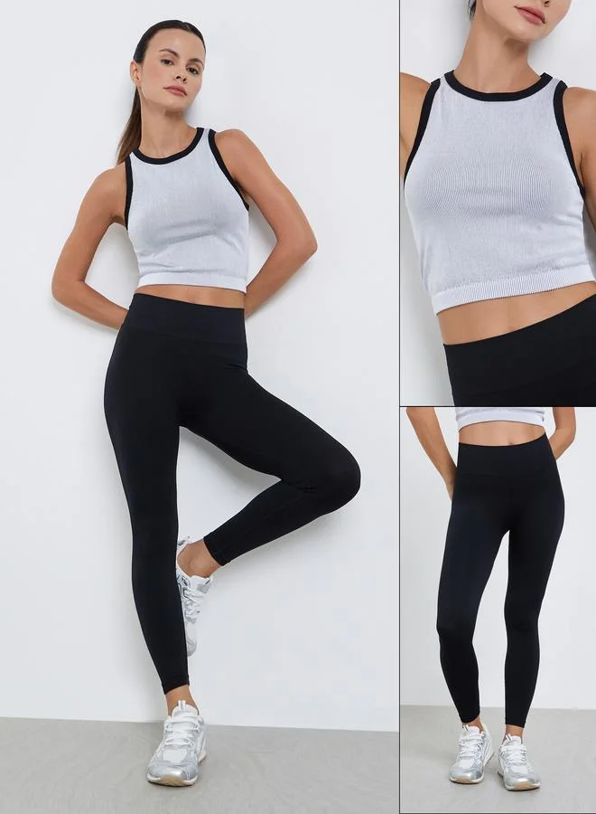 Styli Active Contrast Edge Ribbed Crop Top and Leggings Set