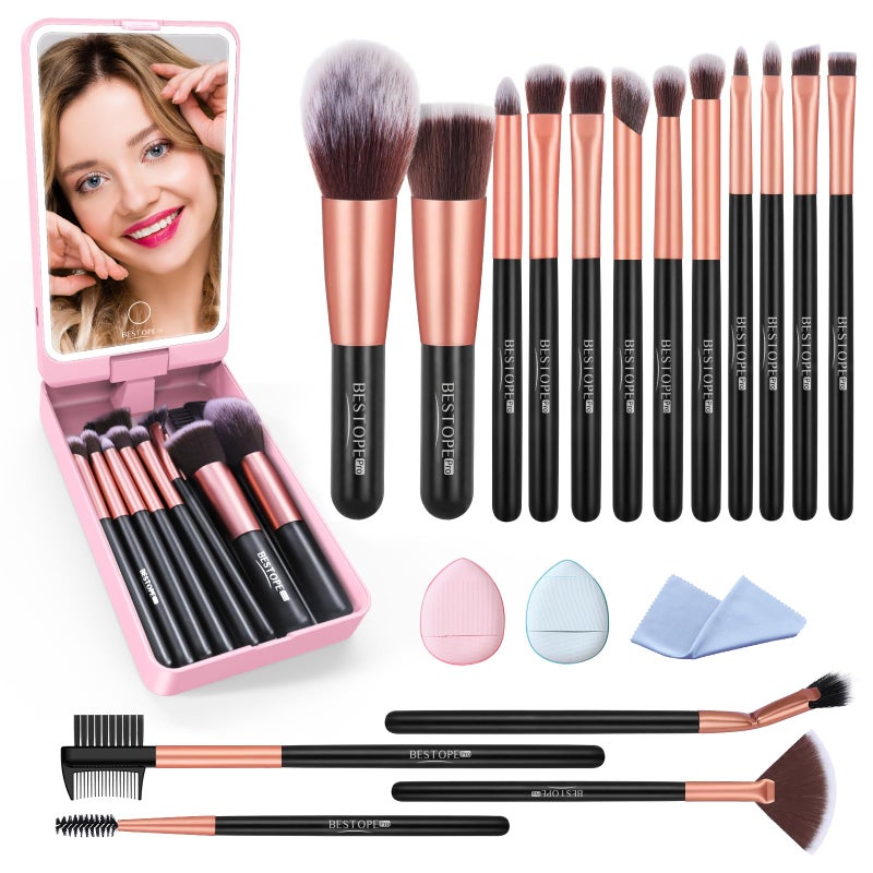 BESTOPE PRO Makeup Brushes with Case 20PCs Travel Makeup Brush Set Foundation Concealer Blush Eyeshadow Brush Set Contour Powder Eyebrow Eyelash Brush Kit with Led Light Mirror Holder  2 Powder PuffRose Gold 