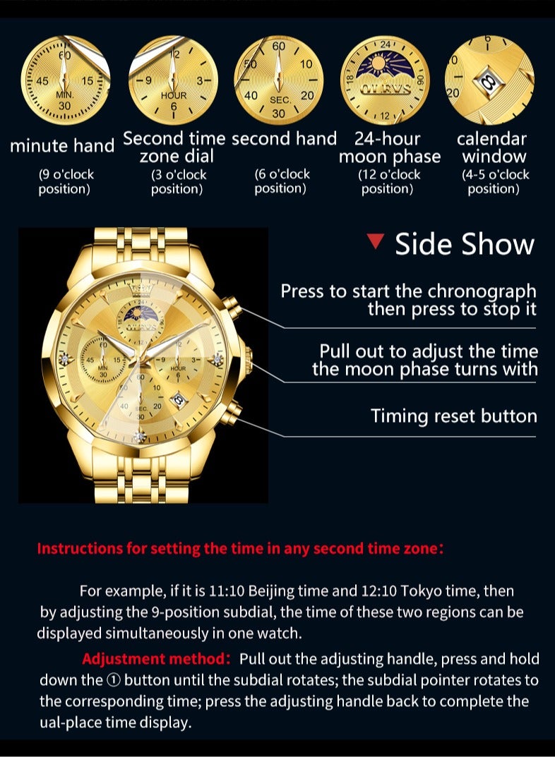 OLEVS High-End Luxurious Men's Watch Waterproof Multifunctional Stainless Steel Strap Durable Anti-Slip Coated Glass Stylish Luminous Timepiece - Image 2