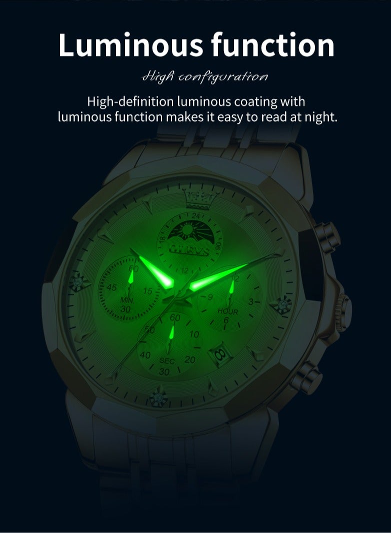 OLEVS High-End Luxurious Men's Watch Waterproof Multifunctional Stainless Steel Strap Durable Anti-Slip Coated Glass Stylish Luminous Timepiece - Image 4