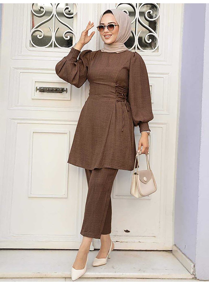 Muslim Women's Casual Tunic & Pants Set with Lantern Sleeves and Side Tie Detail - Image 1